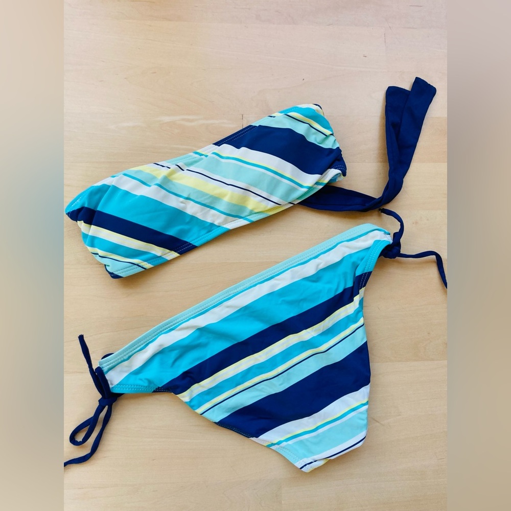 Splendid Swim Circus Stripe Bandeau Bikini Top and Bottom, Aqua, S